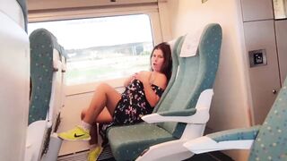 Young milf seduces voyeur on public train.